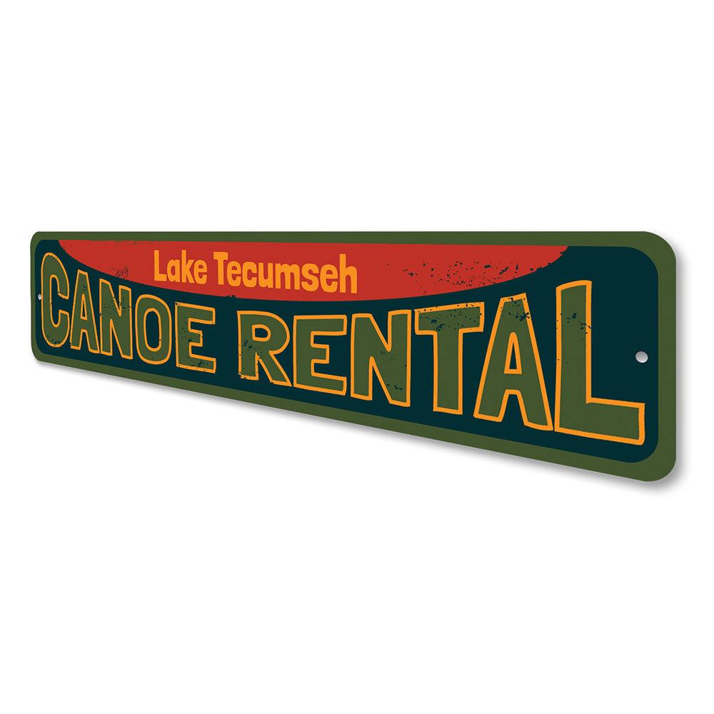 A decorative Canoe Rental Sign made of aluminum, featuring customizable text, ideal for lakehouse decor.