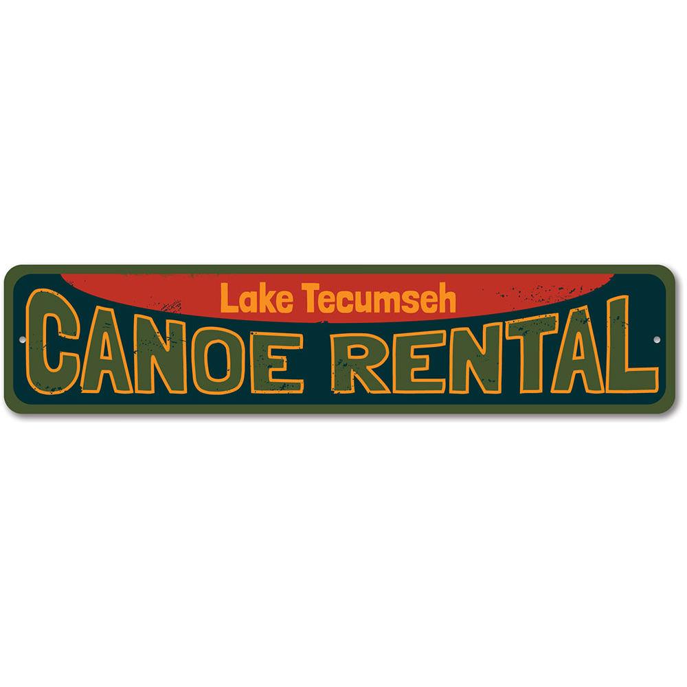 A decorative Canoe Rental Sign made of aluminum, featuring customizable text, ideal for lakehouse decor.