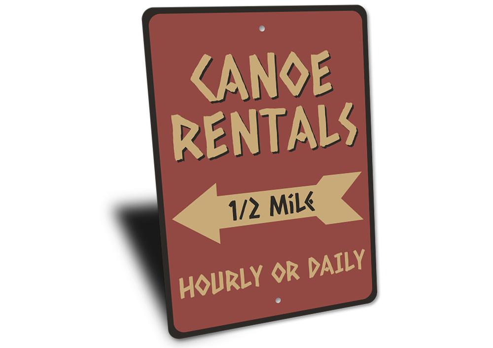 A decorative Canoe Rentals Sign made of high-quality aluminum, featuring customizable text, perfect for lakehouse decor.