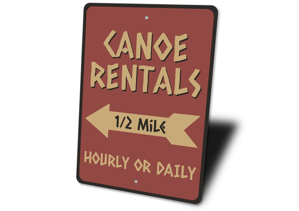 A decorative Canoe Rentals Sign made of high-quality aluminum, featuring customizable text, perfect for lakehouse decor.