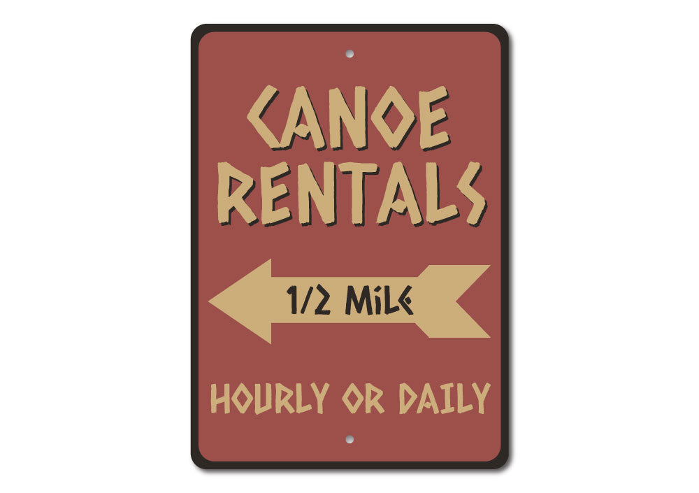 A decorative Canoe Rentals Sign made of high-quality aluminum, featuring customizable text, perfect for lakehouse decor.