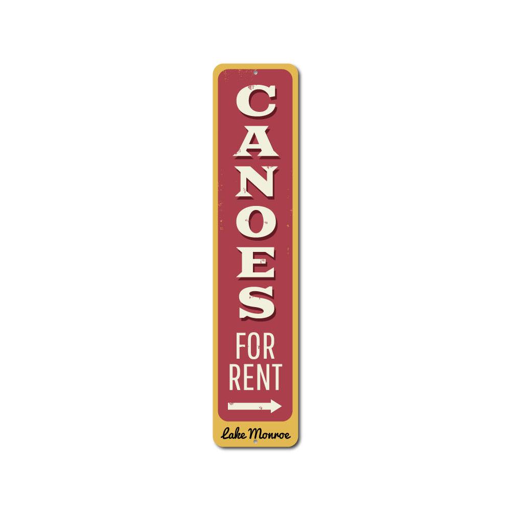 Canoes for Rent Arrow Vertical Sign made of aluminum, featuring vibrant colors and customizable text, perfect for lakeside decoration.