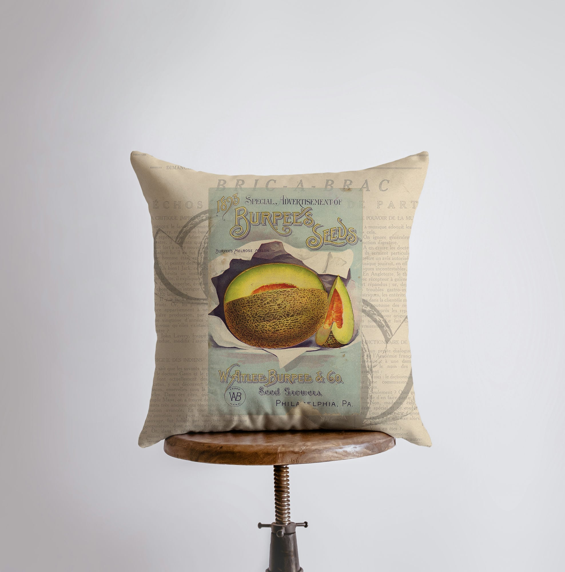 Cantaloupe pillow cover featuring a vintage seed packet design, handmade in America, with a concealed zipper and beige back.