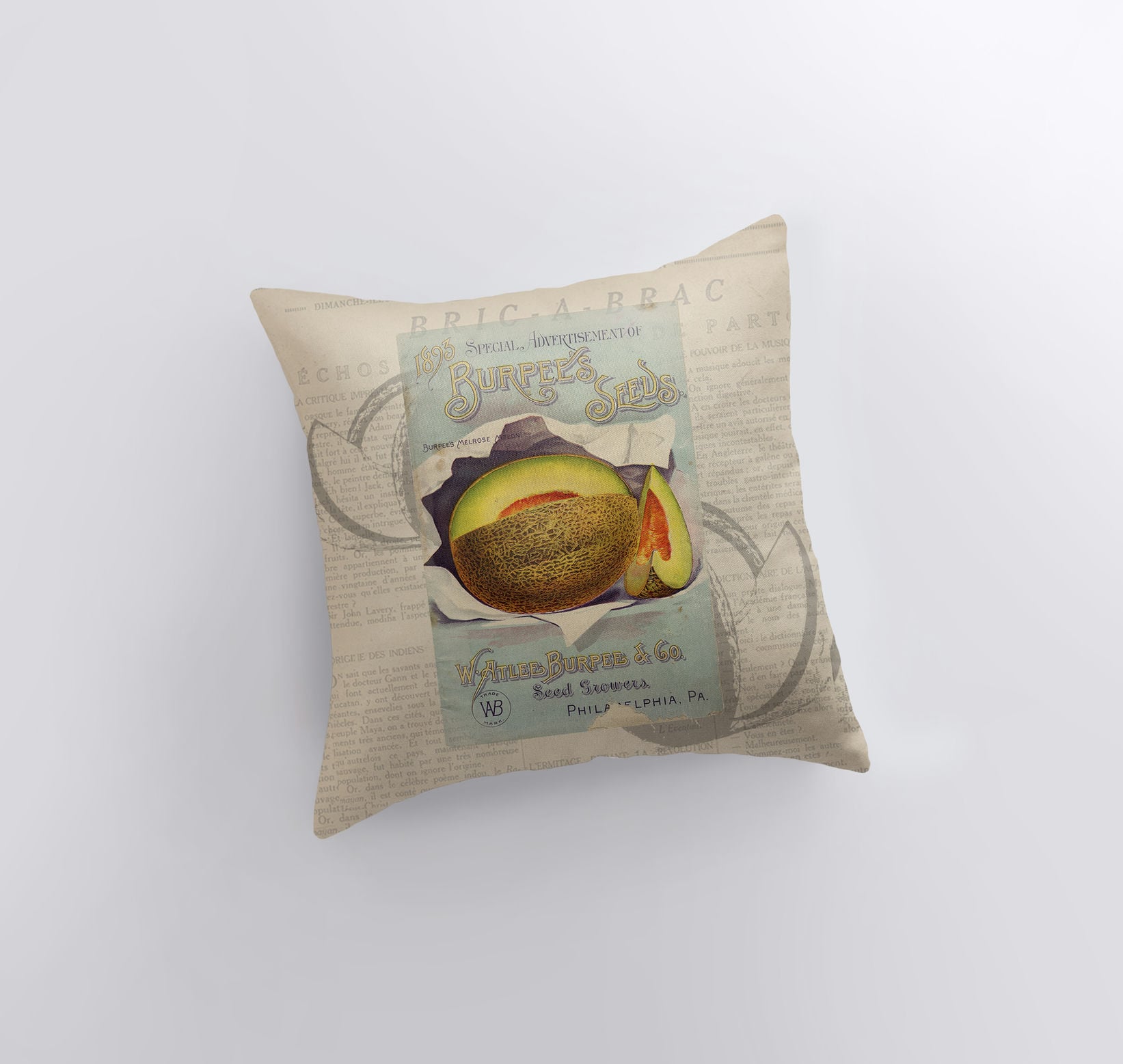 Cantaloupe pillow cover featuring a vintage seed packet design, handmade in America, with a concealed zipper and beige back.