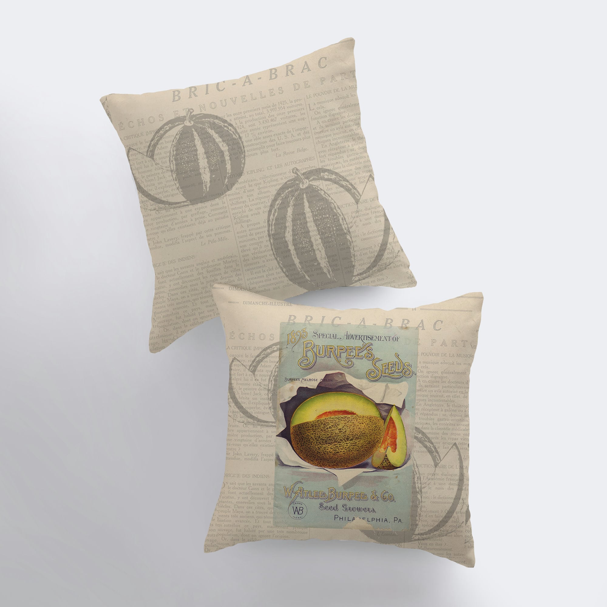 Cantaloupe pillow cover featuring a vintage seed packet design, handmade in America, with a concealed zipper and beige back.