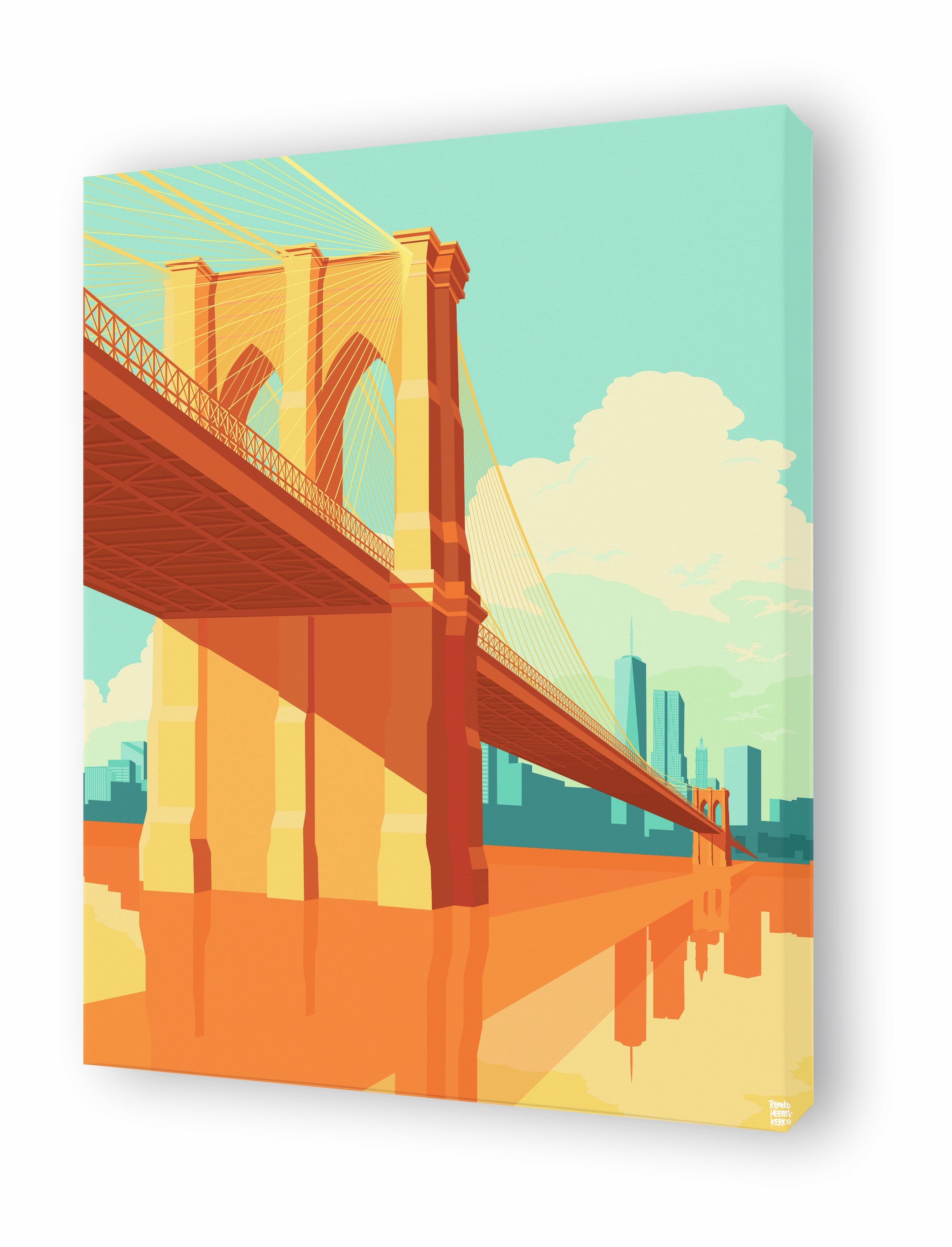 Vibrant canvas artwork of the Brooklyn Bridge by Remko Heemskerk, showcasing bright colors and unique artistic style.