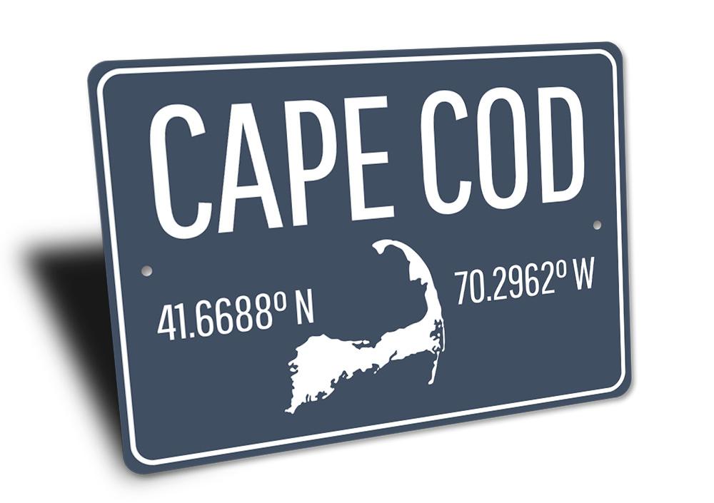 Cape Cod Coordinates Sign made of high-quality aluminum, featuring customizable text and pre-drilled holes for easy mounting, perfect for coastal decor.