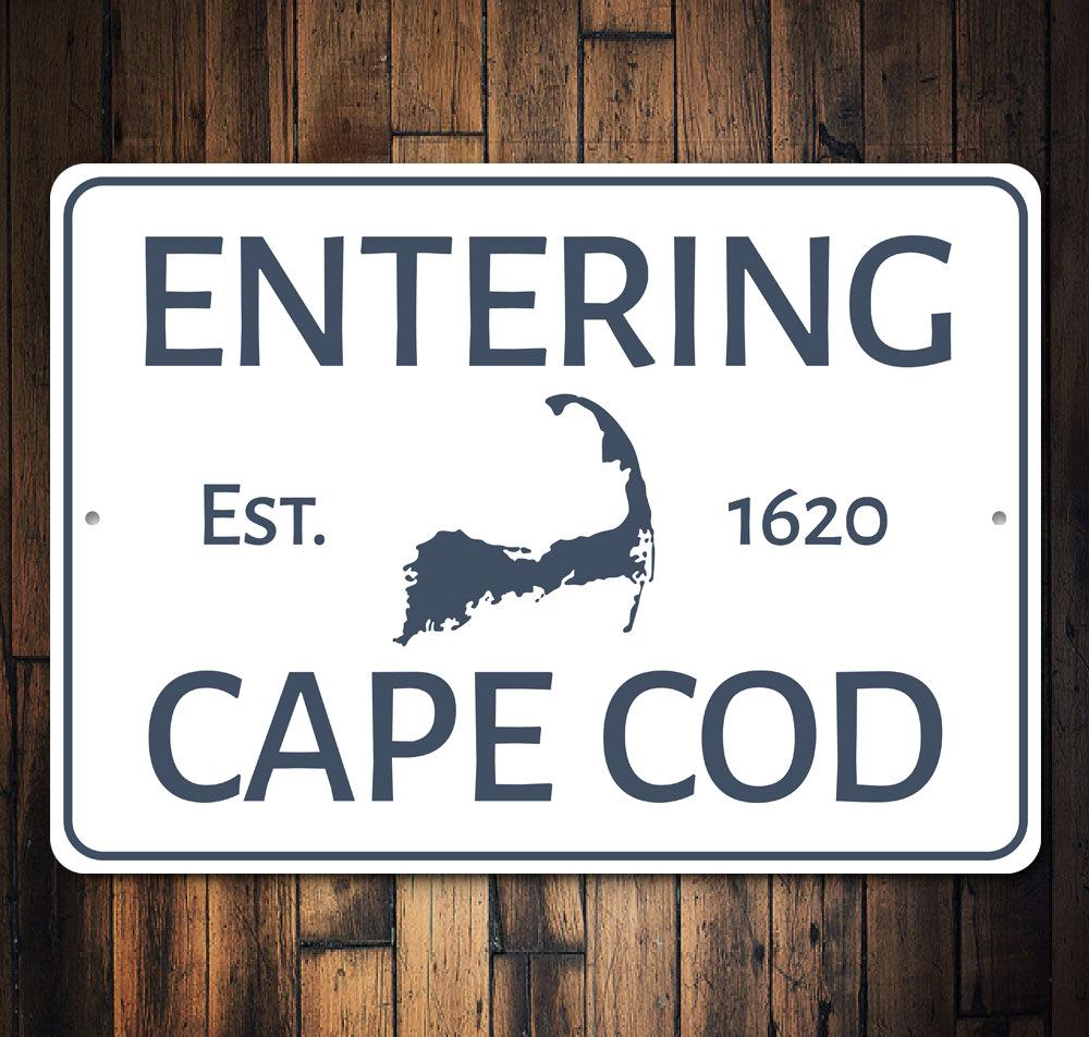 Cape Cod Entrance Sign made of high-quality aluminum, featuring customizable text and pre-drilled holes for easy mounting.