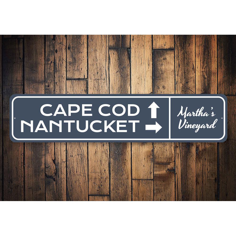 Cape Cod Nantucket Sign made of aluminum, featuring a decorative design suitable for indoor and outdoor use.