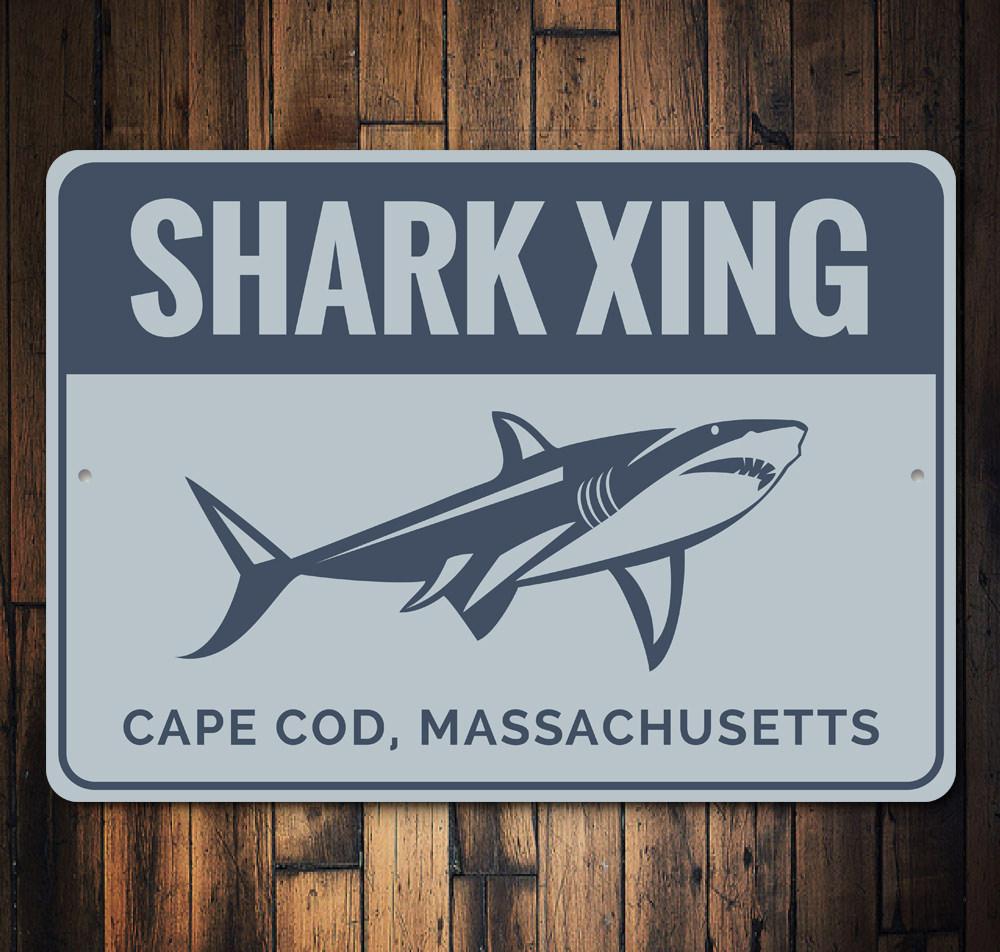 Cape Cod Shark Sign made of aluminum, featuring a shark design, perfect for beach-themed decor.