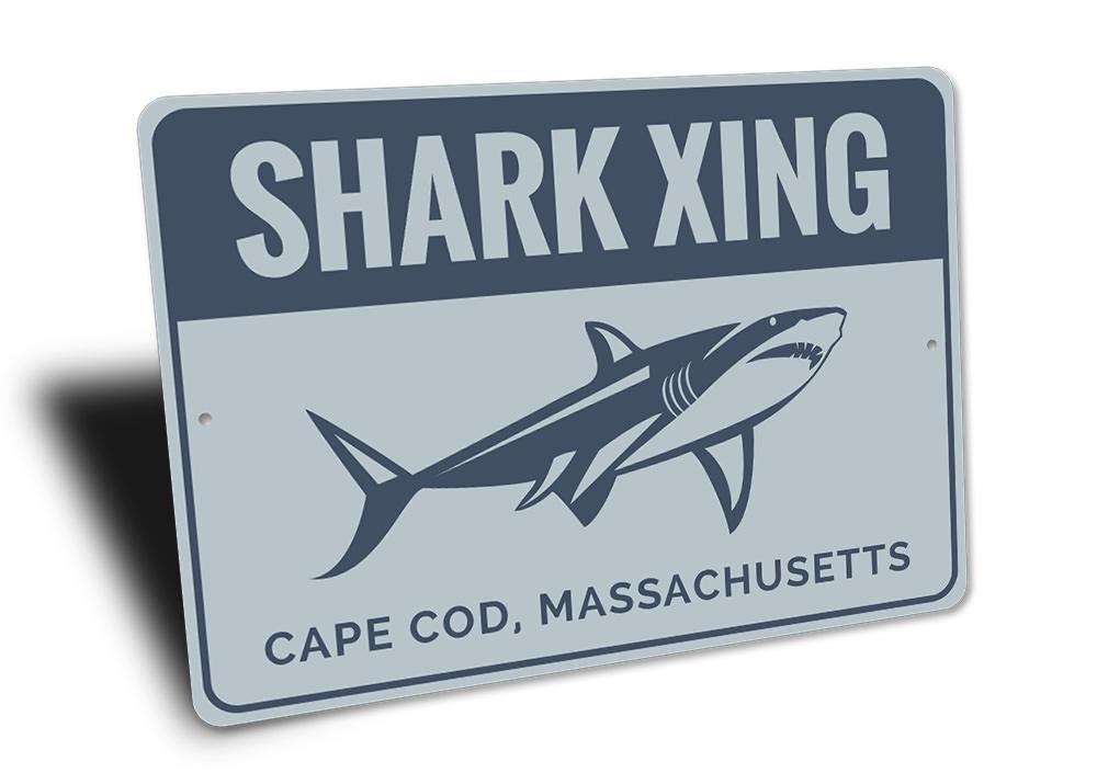 Cape Cod Shark Sign made of aluminum, featuring a shark design, perfect for beach-themed decor.