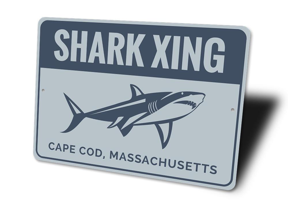 Cape Cod Shark Sign made of aluminum, featuring a shark design, perfect for beach-themed decor.