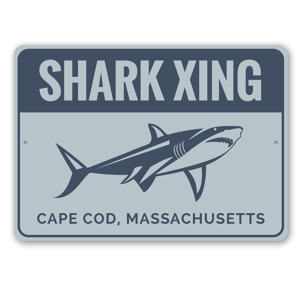 Cape Cod Shark Sign made of aluminum, featuring a shark design, perfect for beach-themed decor.