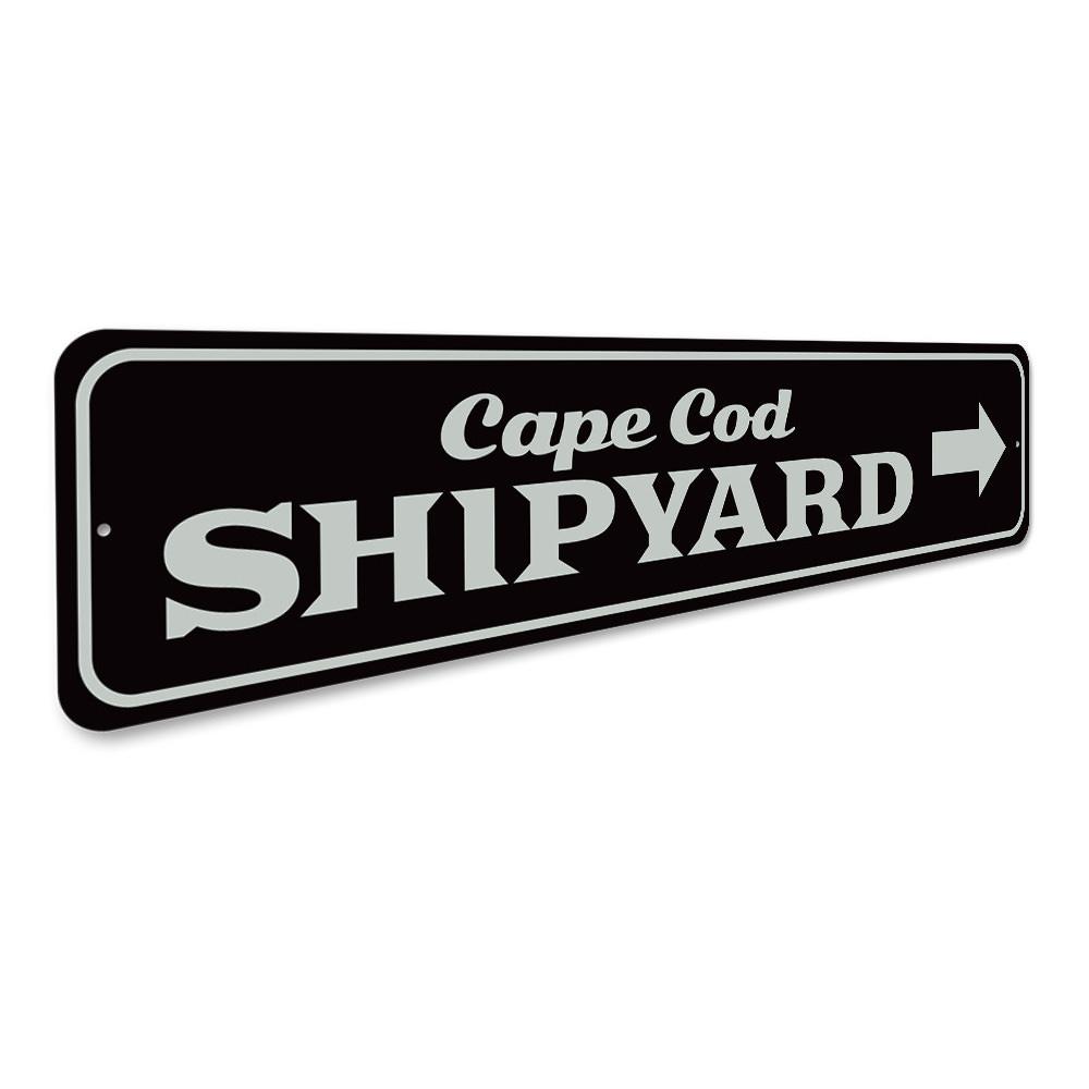 Cape Cod Shipyard Sign made of high-quality aluminum, featuring customizable text and pre-drilled holes for easy mounting.