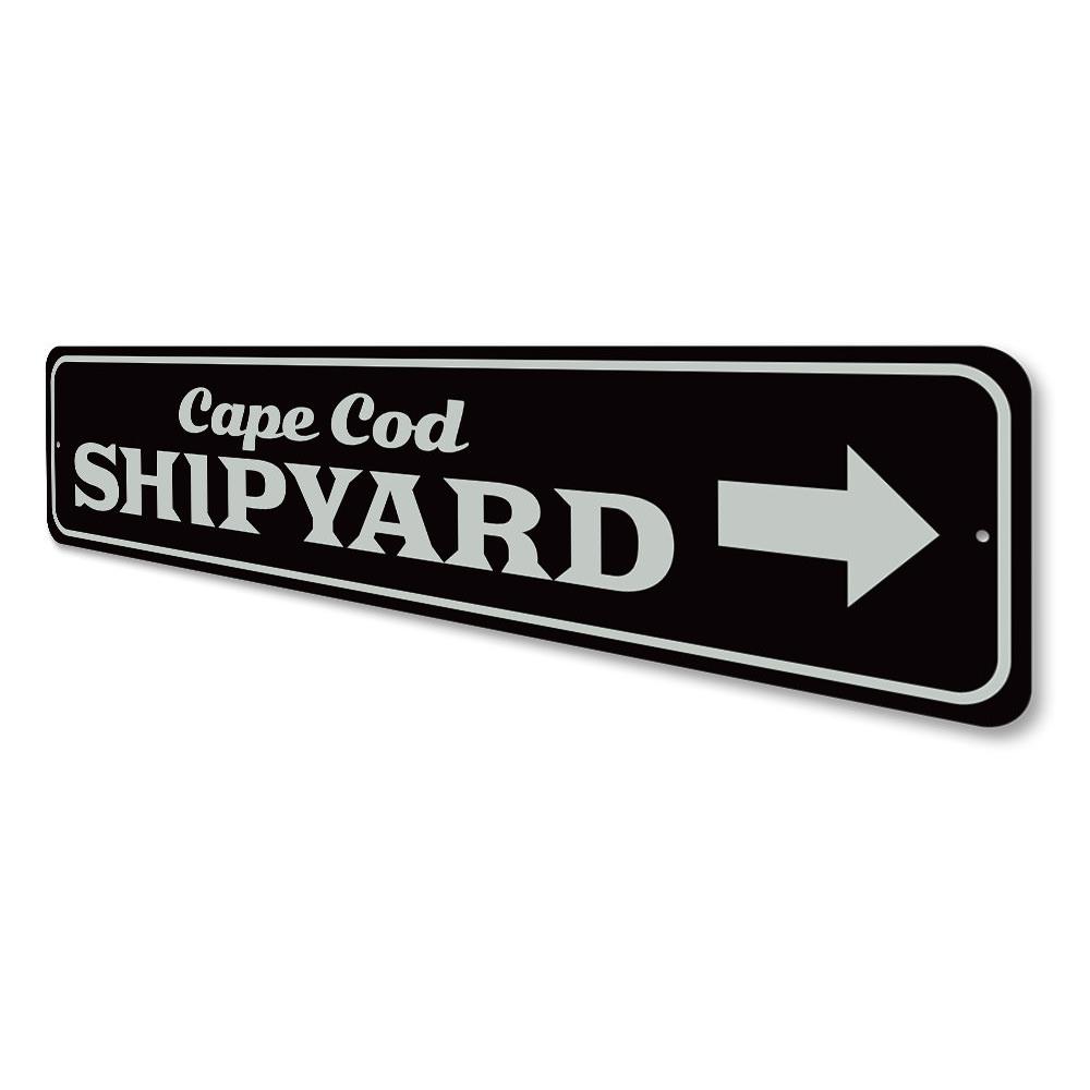 Cape Cod Shipyard Sign made of high-quality aluminum, featuring customizable text and pre-drilled holes for easy mounting.