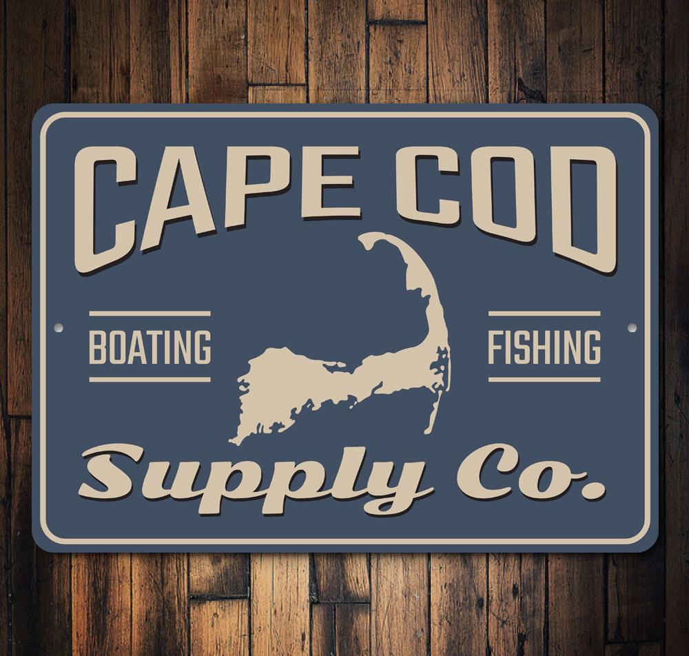 Cape Cod Supply Company decorative sign made of high-quality aluminum, featuring customizable text for lakehouse decor.