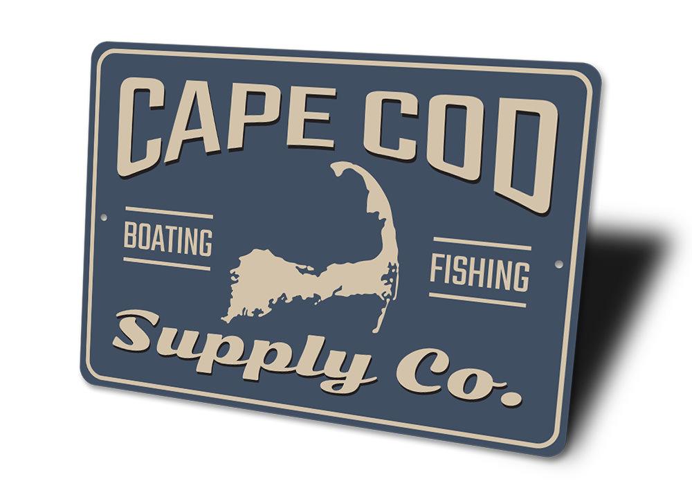 Cape Cod Supply Company decorative sign made of high-quality aluminum, featuring customizable text for lakehouse decor.