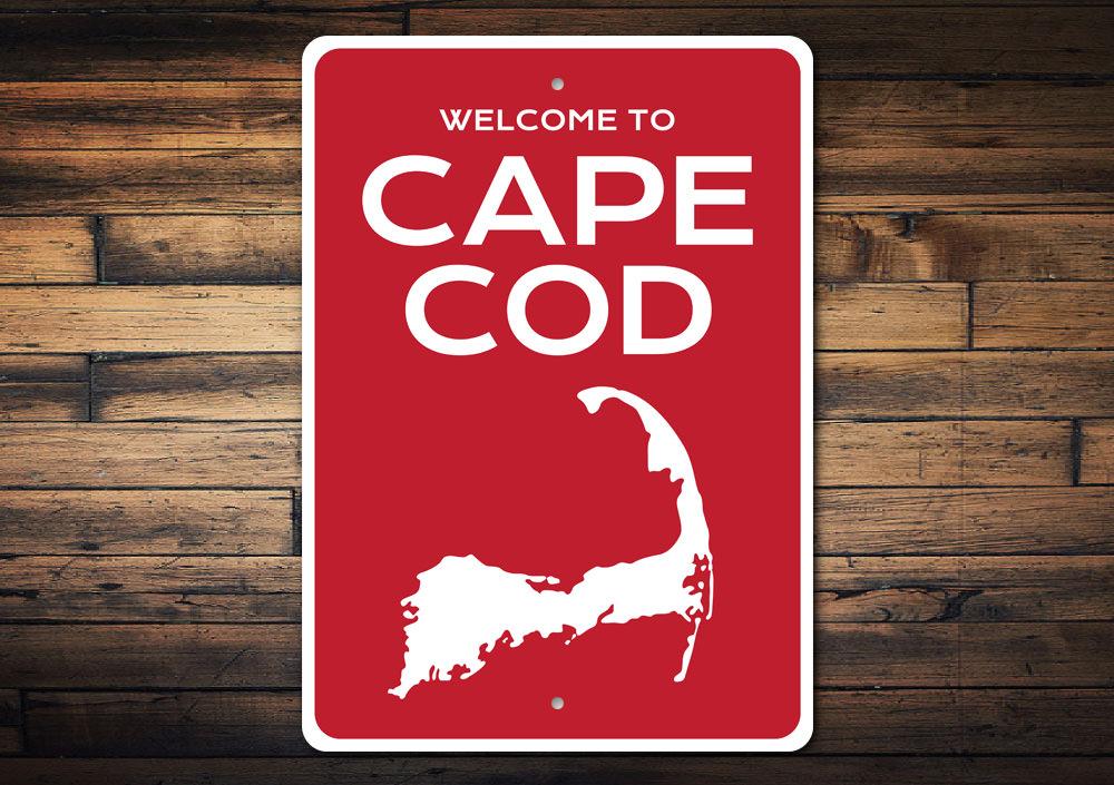 Cape Cod Welcome Sign made of high-quality aluminum, featuring customizable text and a coastal design, perfect for beach houses.