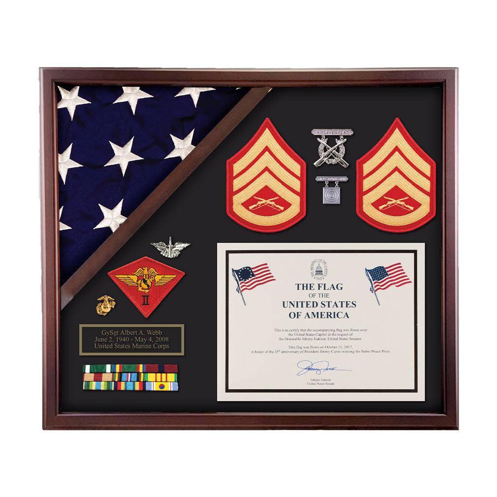 Capital Flag Display Case showcasing an American flag with medals and accolades, crafted from cherry hardwood.