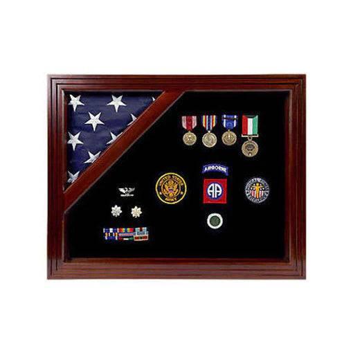 Capital Flag Display Case showcasing an American flag with medals and accolades, crafted from cherry hardwood.