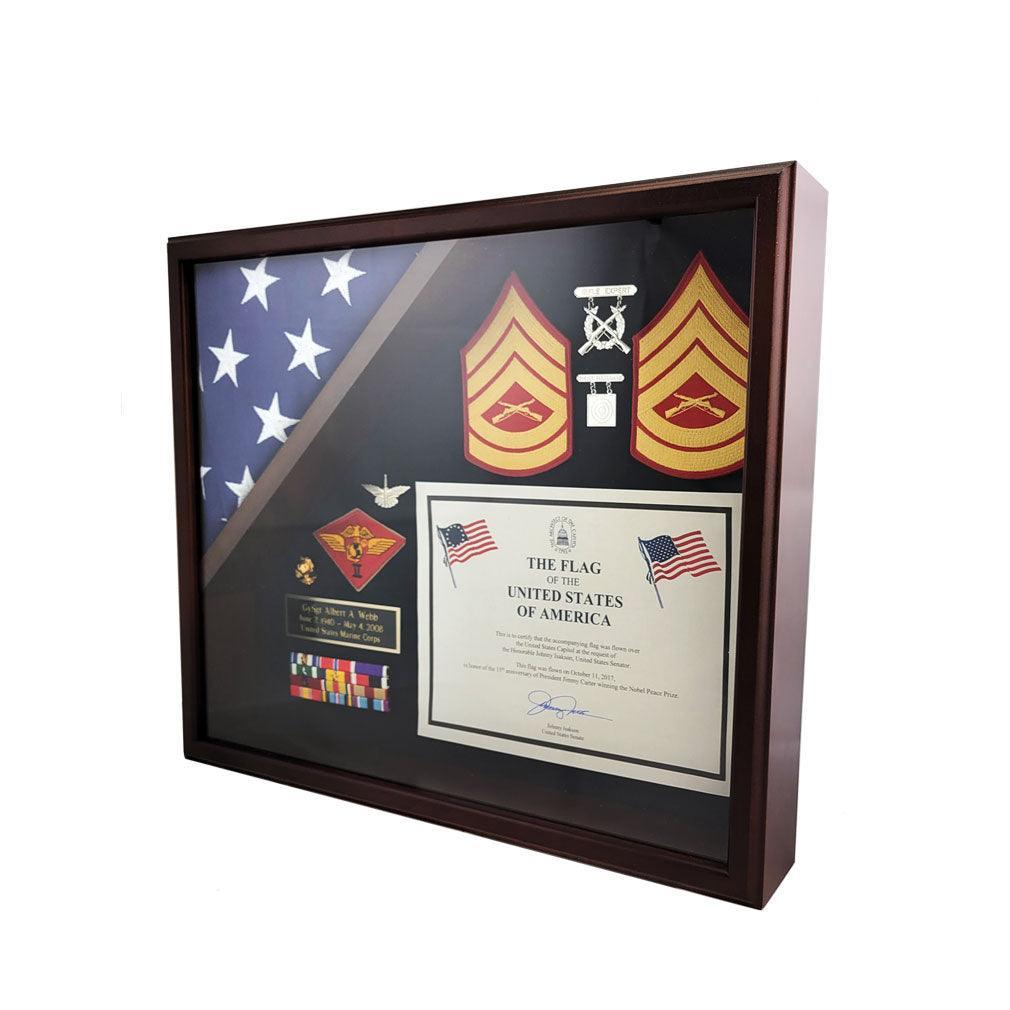 Capital Flag Display Case showcasing an American flag with medals and accolades, crafted from cherry hardwood.