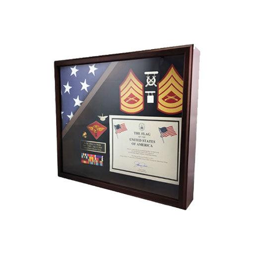 Capitol Flag and Accolades Display Case showcasing a burial flag, medals, and photos in a handcrafted cherry-finished hardwood frame.