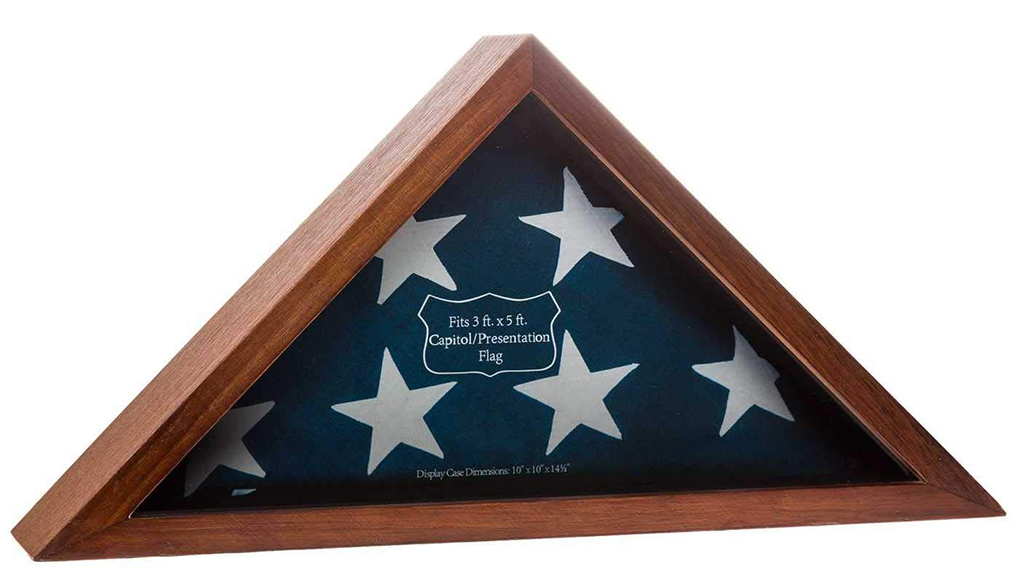 Dark Walnut Capitol Flag Case displaying a 3' by 5' flag with a clear glass window.