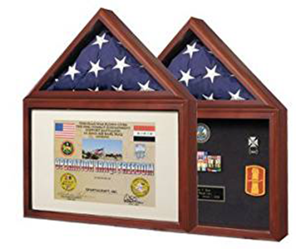 Capitol Flag Case with Cherry Finish displaying a 3x5 flag and certificate, featuring a glass front and elegant design.