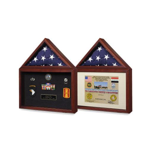 Capitol Flag Presentation Case showcasing a folded US flag, medals, and a certificate in an elegant shadow box design.