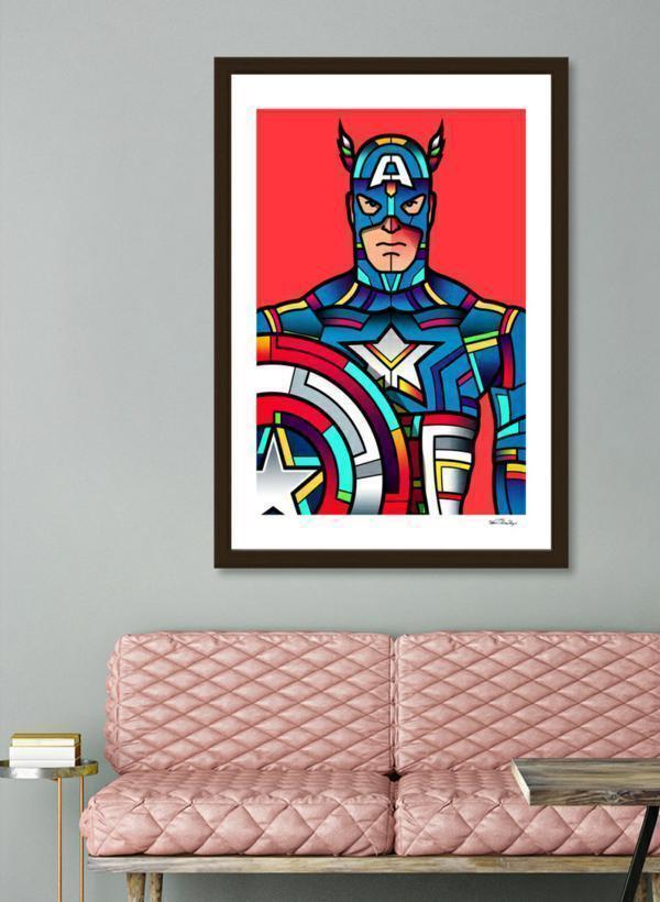 Captain America Frame made of solid wood with a contemporary angular profile, featuring shatterproof acrylic and acid-free dust cover.