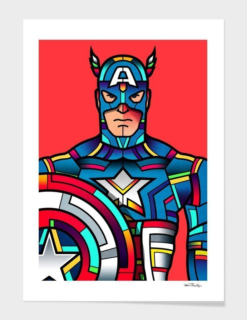 Captain America Frame made of solid wood with a contemporary angular profile, featuring shatterproof acrylic and acid-free dust cover.