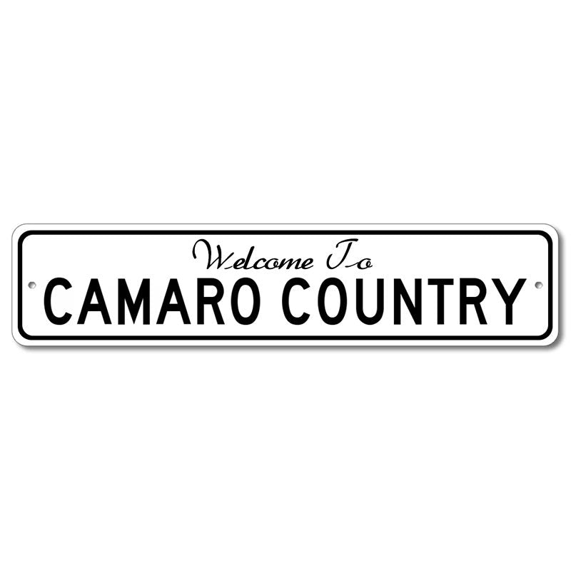 Car Country Welcome Sign made of high-quality aluminum, featuring customizable text and vibrant colors, perfect for man caves and garages.