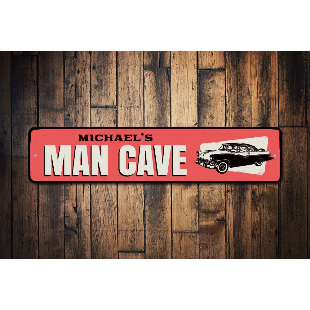 A decorative Car Man Cave Sign made of high-quality aluminum, featuring customizable text options, perfect for personalizing your garage or man cave.