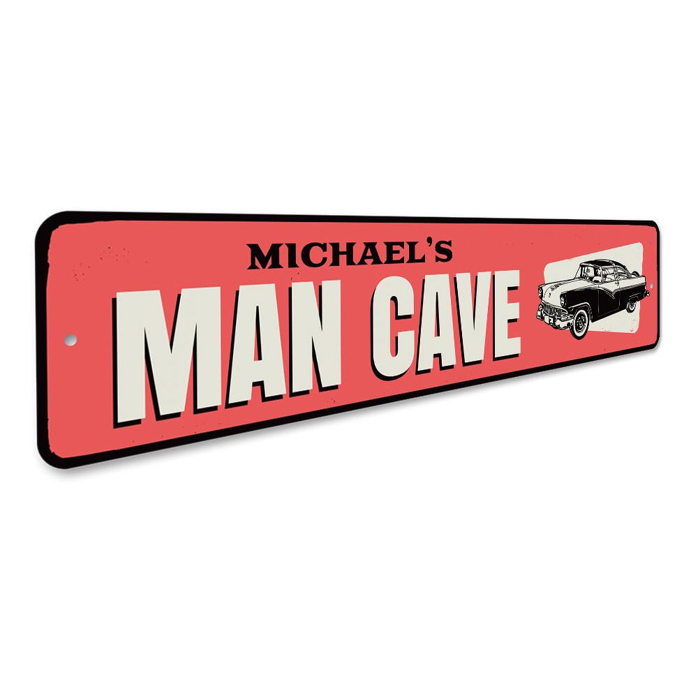 A decorative Car Man Cave Sign made of high-quality aluminum, featuring customizable text options, perfect for personalizing your garage or man cave.