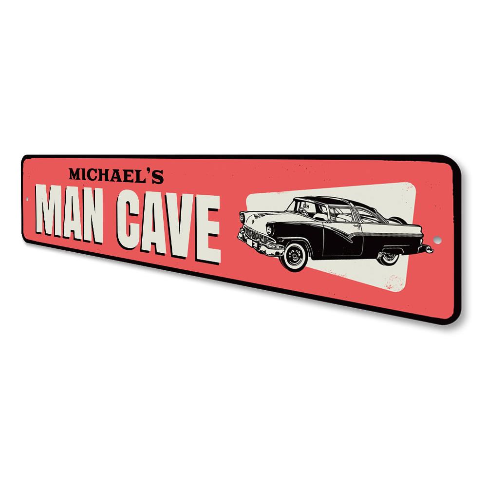 A decorative Car Man Cave Sign made of high-quality aluminum, featuring customizable text options, perfect for personalizing your garage or man cave.