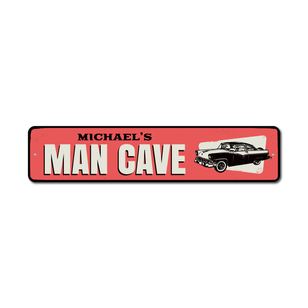 A decorative Car Man Cave Sign made of high-quality aluminum, featuring customizable text options, perfect for personalizing your garage or man cave.