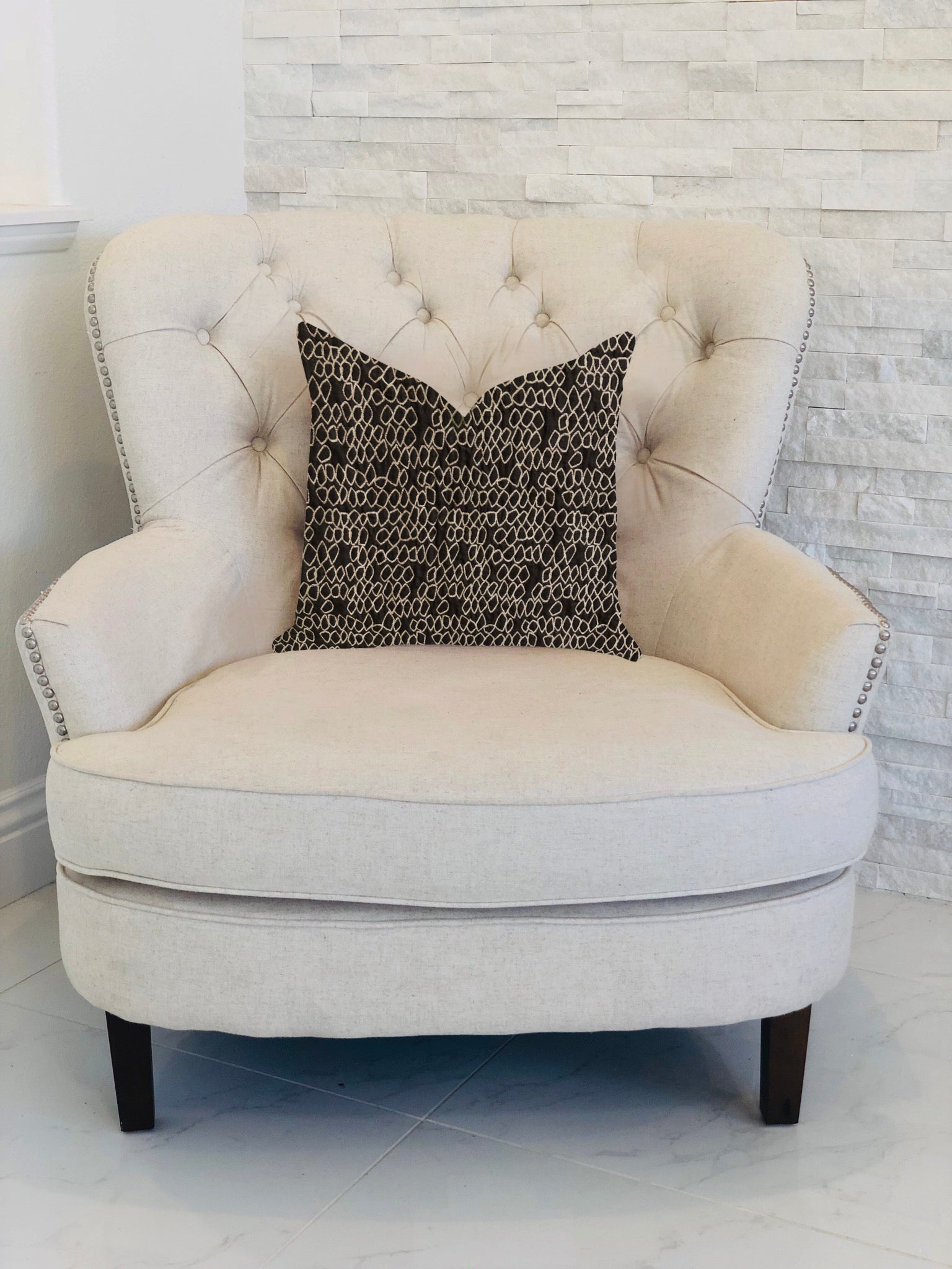 Carbonado Mine Luxury Throw Pillow in Black and White, featuring a stylish design with a blend of Polyester, Rayon, and Acrylic fabrics.