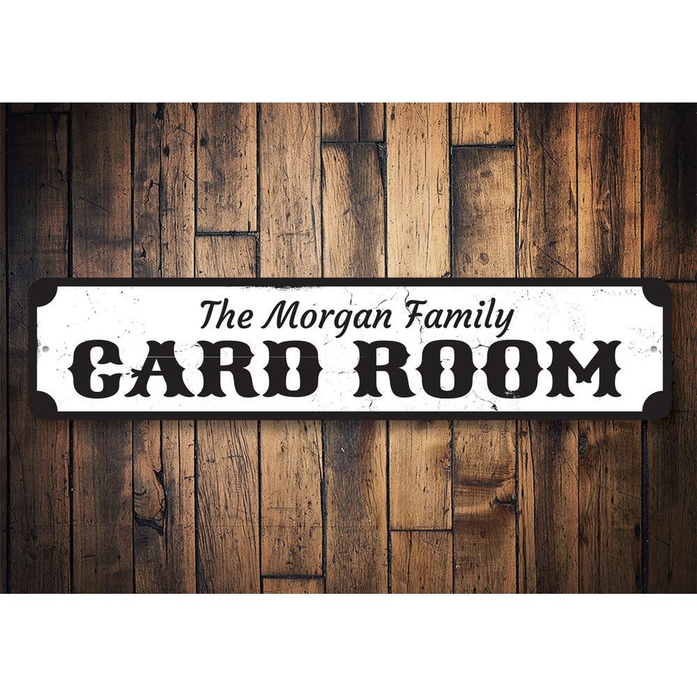 Customizable Card Room Sign made of high-quality aluminum, featuring pre-drilled holes for easy mounting.