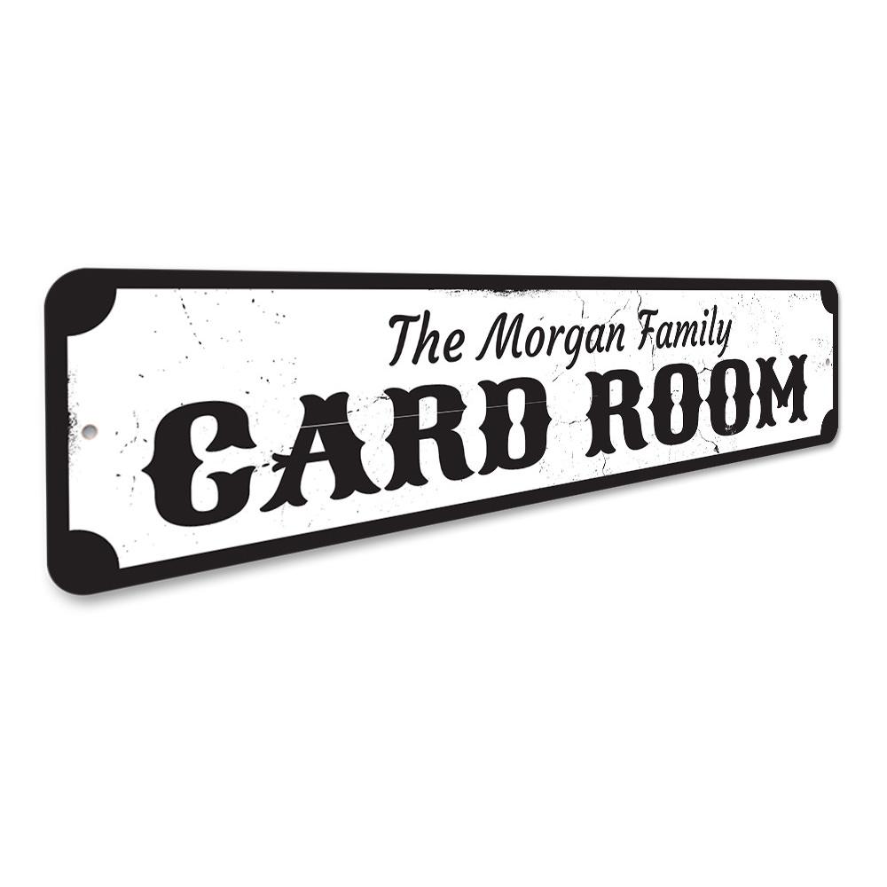 Customizable Card Room Sign made of high-quality aluminum, featuring pre-drilled holes for easy mounting.