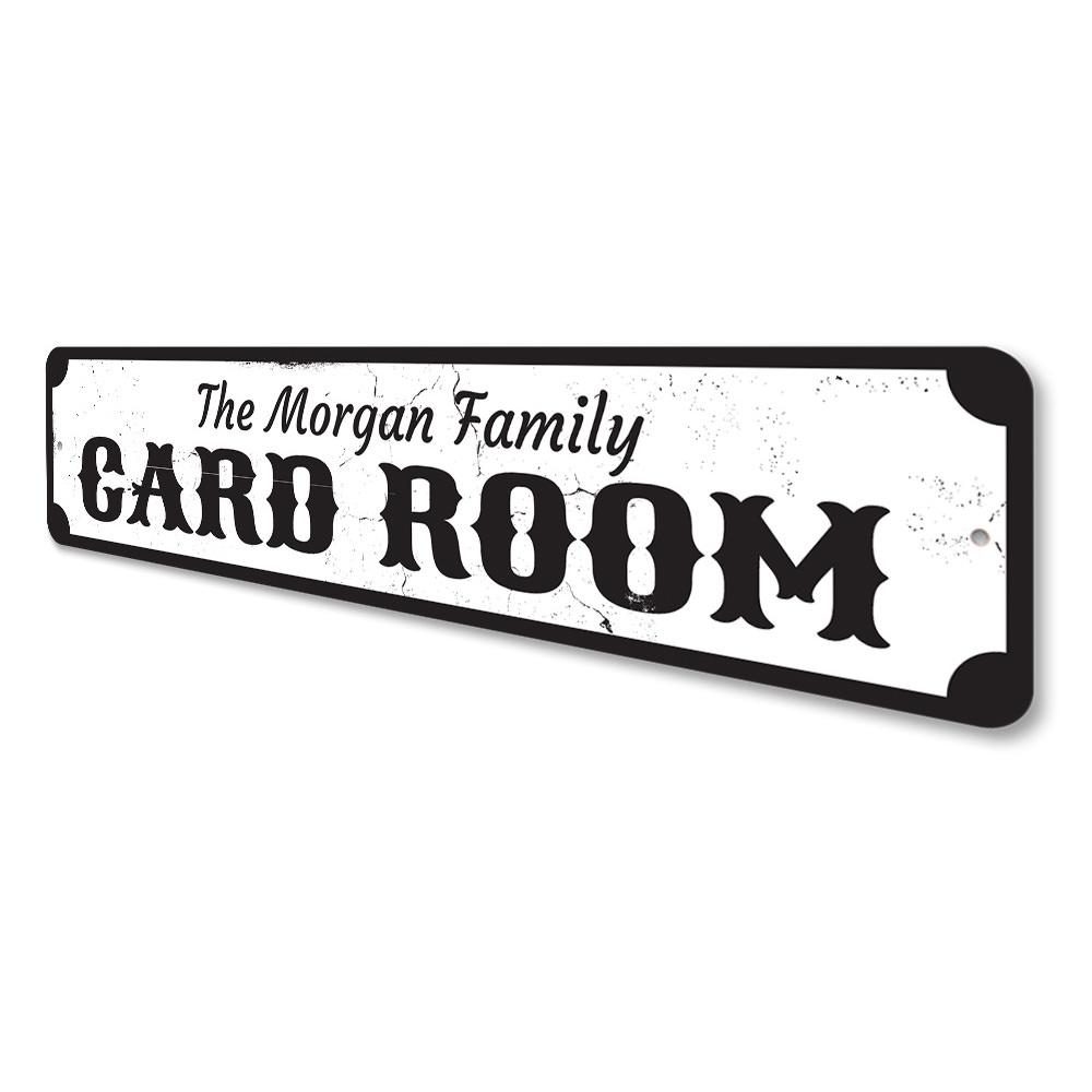 Customizable Card Room Sign made of high-quality aluminum, featuring pre-drilled holes for easy mounting.