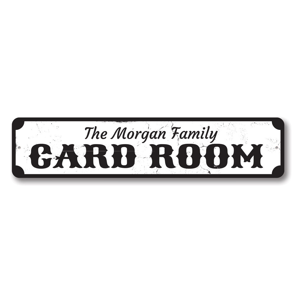 Customizable Card Room Sign made of high-quality aluminum, featuring pre-drilled holes for easy mounting.