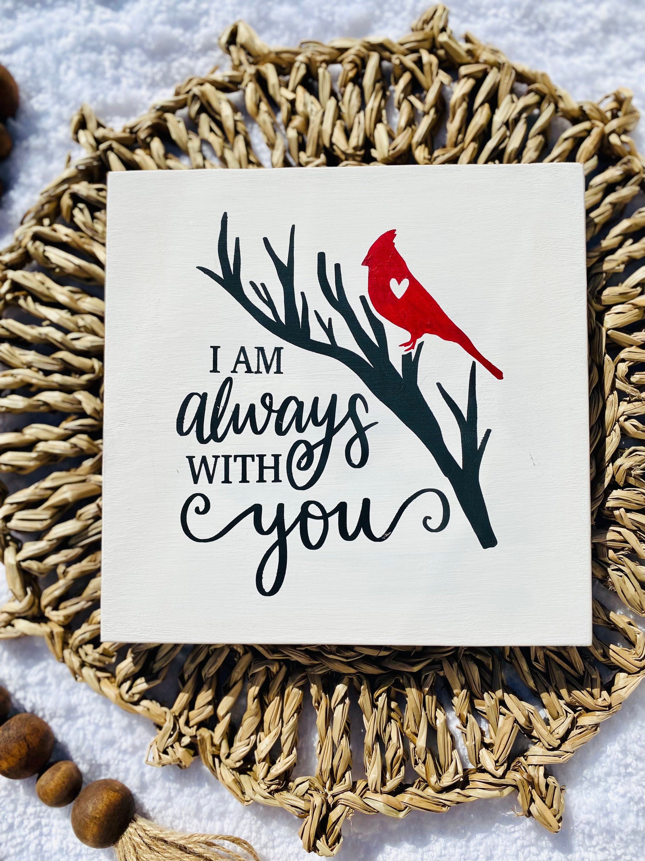 Hand-painted wooden cardinal memorial sign made from baltic birch wood, featuring vibrant colors and a sawtooth hanger for easy display.