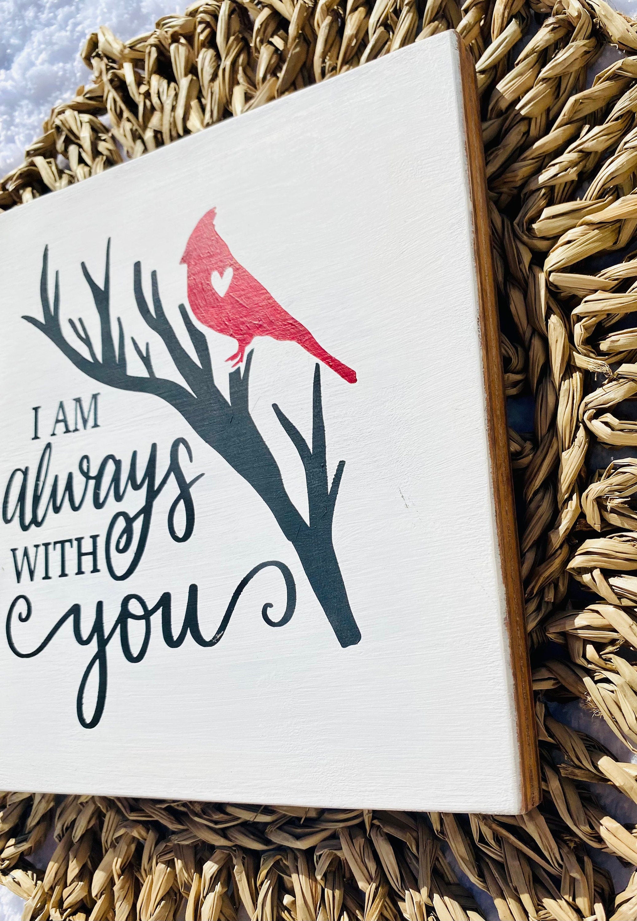 Hand-painted wooden cardinal memorial sign made from baltic birch wood, featuring vibrant colors and a sawtooth hanger for easy display.