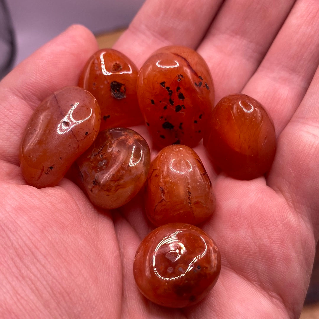 A close-up of a Carnelian Tumbled (M) crystal showcasing its reddish-orange color and unique banded patterns.