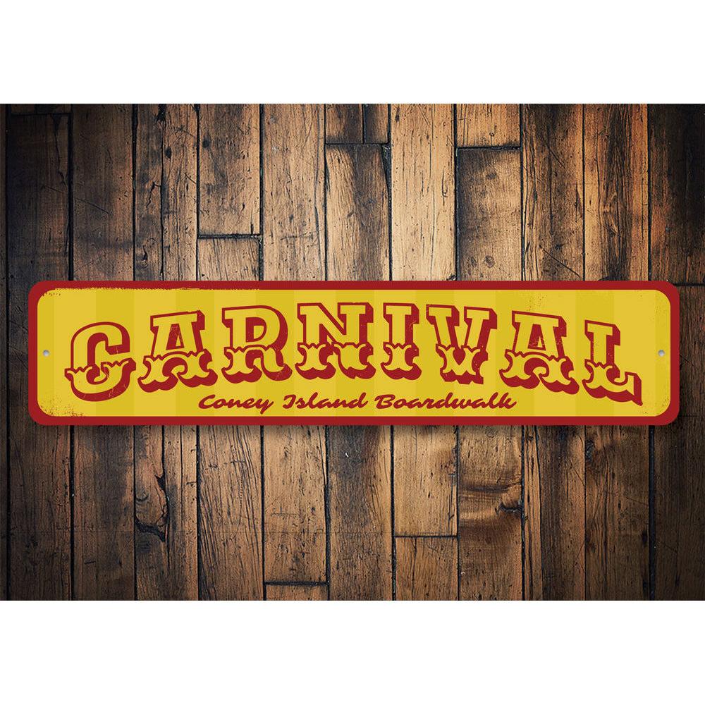 Colorful Carnival Sign made of durable aluminum, featuring customizable text for beach-themed decor.