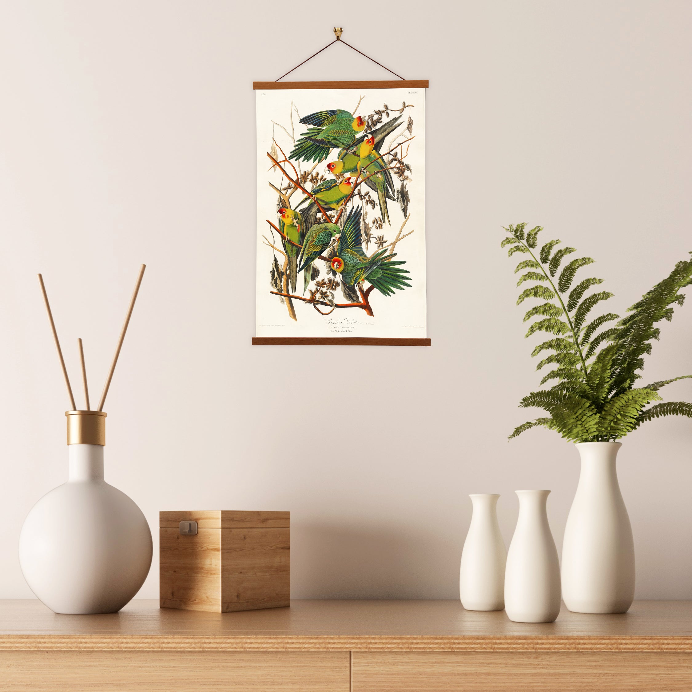 A vibrant canvas print of the Carolina Parrot by John James Audubon, showcasing the bird's colorful plumage and intricate details.