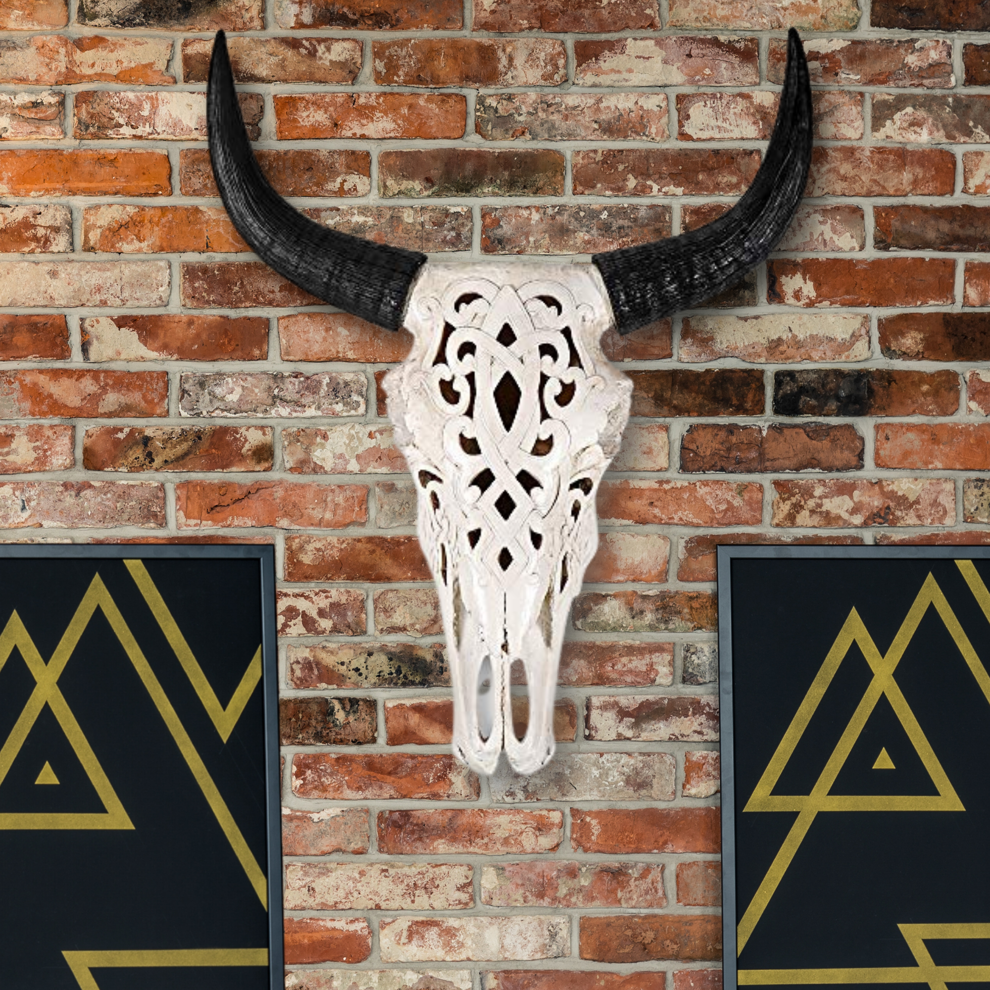 A beautifully hand-painted 19-inch carved faux steer skull made from eco-friendly resin, showcasing intricate engravings and a rustic design.