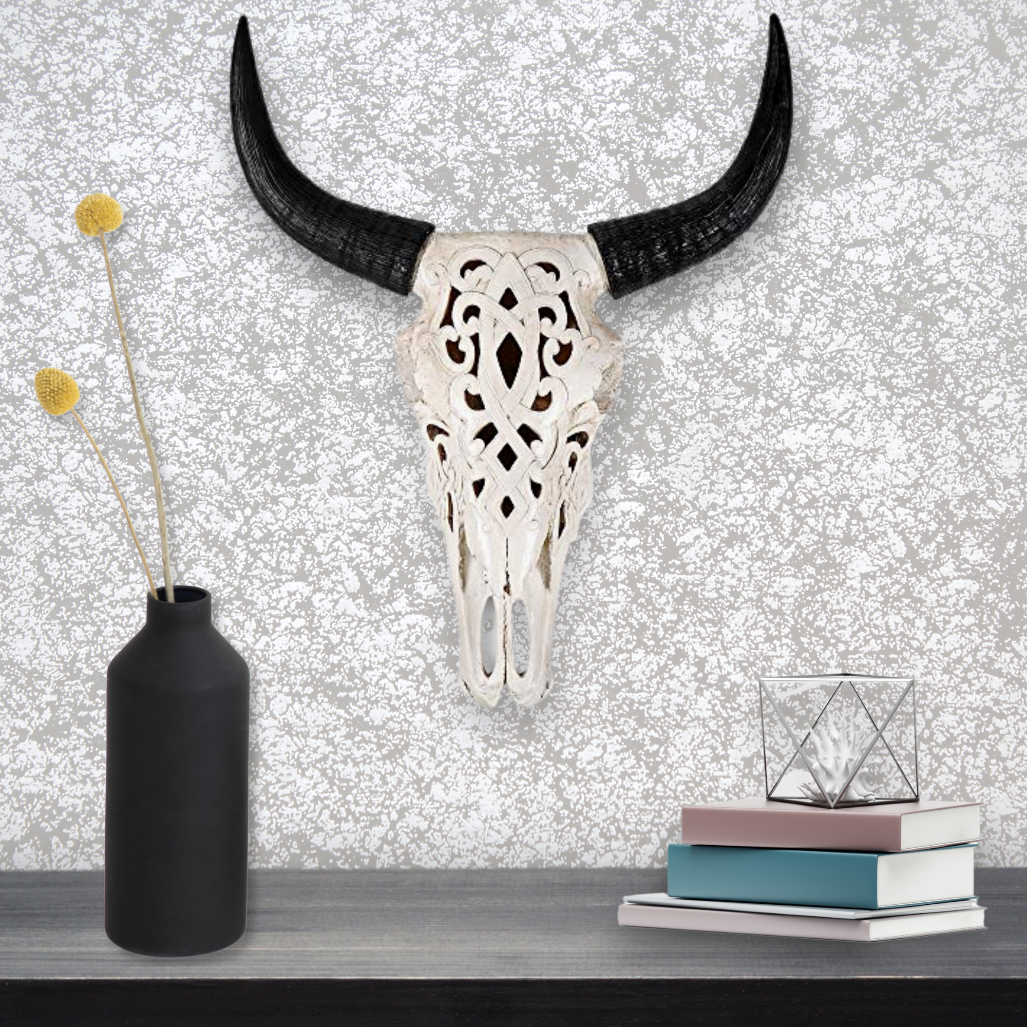 A beautifully hand-painted 19-inch carved faux steer skull made from eco-friendly resin, showcasing intricate engravings and a rustic design.