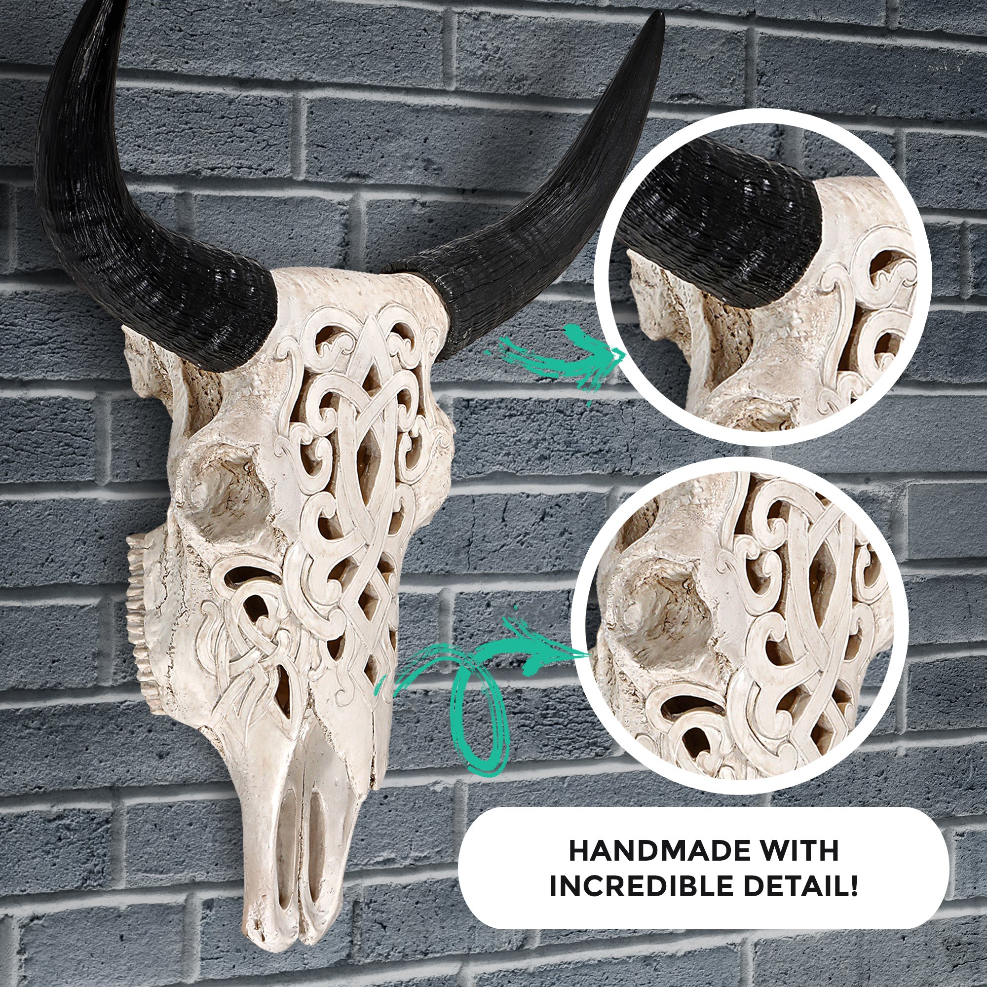 A beautifully hand-painted 19-inch carved faux steer skull made from eco-friendly resin, showcasing intricate engravings and a rustic design.