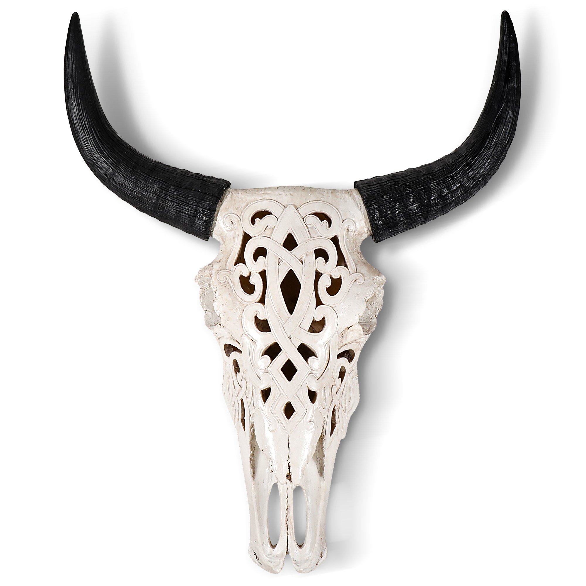 A beautifully hand-painted 19-inch carved faux steer skull made from eco-friendly resin, showcasing intricate engravings and a rustic design.